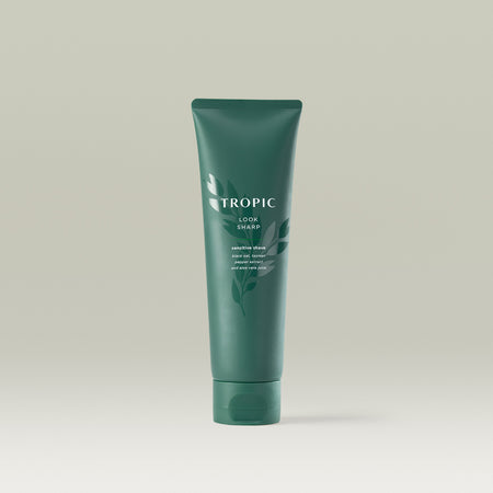 Tropic Look Sharp sensitive shave tube with black oat, Tazman pepper extract, and aloe vera juice, designed for a smooth and gentle shave.